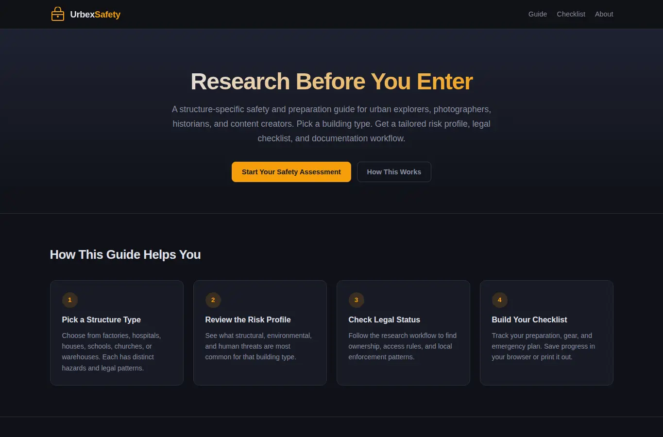 Screenshot of Abandoned Place Research Safety Guide interface showing the project page in use